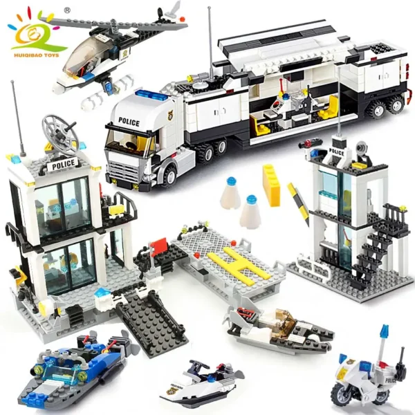 HUIQIBAO City Police Station Building Blocks Prison Truck Helicopter Boat with Policemen Construction Bricks Toys for Children - Image 1