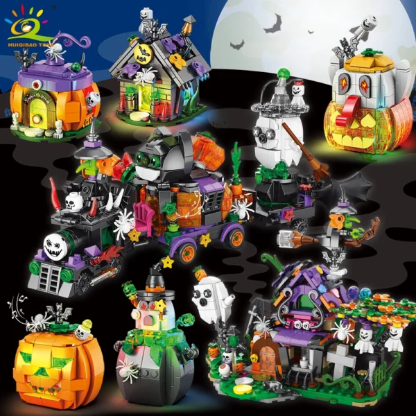 HUIQIBAO Halloween Model Building Blocks City Pumpkin Ghost House Train Car MOC Bricks Set Toy for Children Home Decoration Gift - Image 1