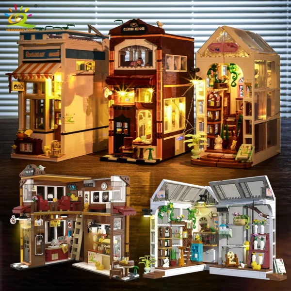 HUIQIBAO MOC Cat Cafe Shop Bookends model Micro Building Block Bookstore Flower Shop Mini Brick Toy for Children Desk Decor. - Image 1