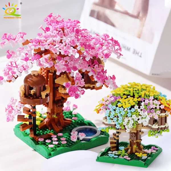 HUIQIBAO MOC Cherry Blossom Tree House Micro Building Block Summer Flower House Model Diamond Brick Toy for Children Desk Decor. - Image 1