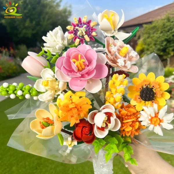 HUIQIBAO MOC Flower Bouquet Model Micro Building Block DIY Rose Eternal Home Desk Plant Decoration Brick Girl Gift Children Toy - Image 1