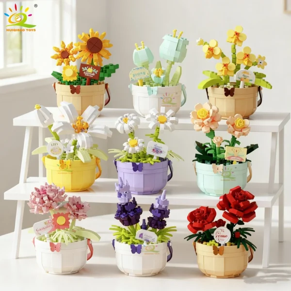 HUIQIBAO MOC Flower Micro Building Block DIY Rose Sunflower Pot Bouquet Mini Diamond Model Brick Toy for Children Desk Decor. HUIQIBAO MOC Flower Micro Building Block DIY Rose Sunflower Pot Bouquet Mini Diamond Model Brick Toy for Children Desk Decor. - Image 1