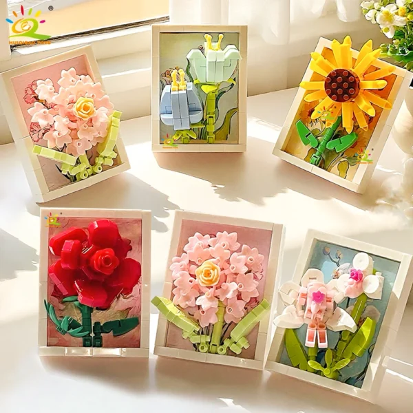 HUIQIBAO MOC Flower Photo Frame Model Micro Building Block Sunflower Rose Mini Diamond Brick Toy for Children Desk Decor. HUIQIBAO MOC Flower Photo Frame Model Micro Building Block Sunflower Rose Mini Diamond Brick Toy for Children Desk Decor. - Image 1