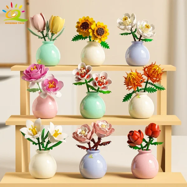 HUIQIBAO MOC Flower with Vase Model Building Block DIY Eternal Bouquet Home Desk Desk Plant Decor Brick Girl Gift Children Toy HUIQIBAO MOC Flower with Vase Model Building Block DIY Eternal Bouquet Home Desk Desk Plant Decor Brick Girl Gift Children Toy - Image 1