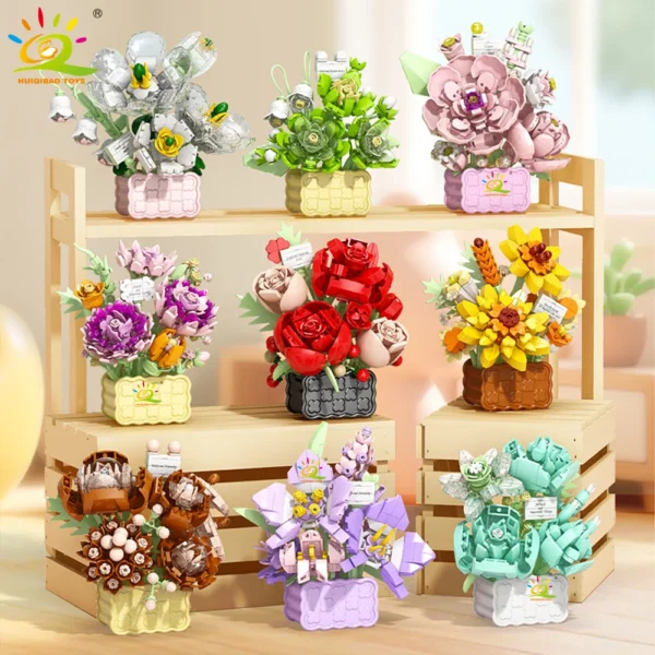 HUIQIBAO MOC Mini Flower with Vase Model Micro Building Block Eternal Bouquet Home Desk Desk Plant Decor Brick Girl Children Toy - Image 1