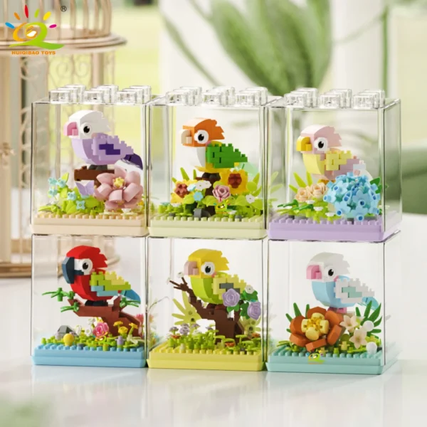 HUIQIBAO MOC Parrot Bird Flower with Display Box Micro Building Block Mini Diamond Model Brick Toy for Children Desk Decor. - Image 1