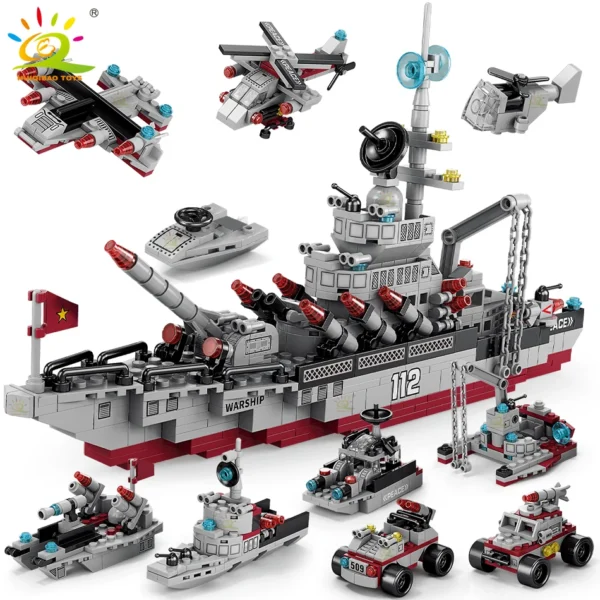 HUIQIBAO Military Ship 554pcs 8in1 Aircraft Cruiser Building Blocks Army Warship Plane Truck Bricks City Children Toys for Boy - Image 1