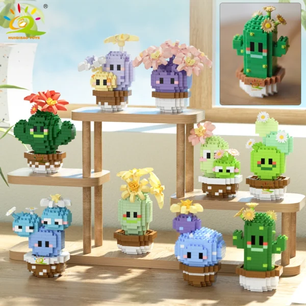 HUIQIBAO Mini MOC Cactus Potted Plant Micro Building Block 3D Diamond Flower Desk Decoration Model Brick DIY Toys for Children - Image 1