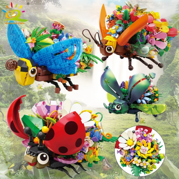 HUIQIBAO Moc Flower Insect Model Building Block Fly Bee Bouquet Plant Decoration City Construction Toy Kids Adult Romantic Gift - Image 1