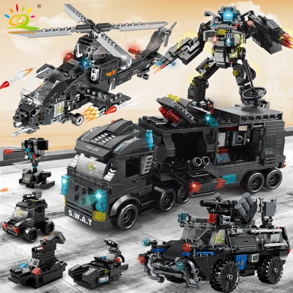 HUIQIBAO SWAT Police Truck Model Building Blocks City Helicopter Vehicle Car Figures Bricks Educational Toy For Children GIFT - Image 1