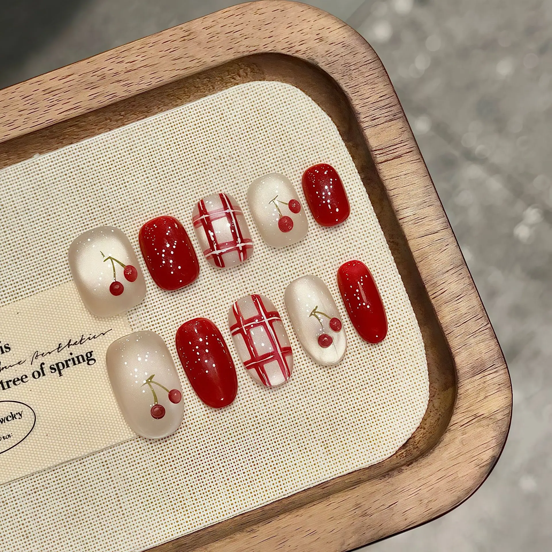 Handmade New Year Press on Nails Cute Red Cherry Short Round/Oval Fake Nails for Women Girl Wearable Glitter Cat Eye False Nails Handmade New Year Press on Nails Cute Red Cherry Short Round/Oval Fake Nails for Women Girl Wearable Glitter Cat Eye False Nails - Image 1