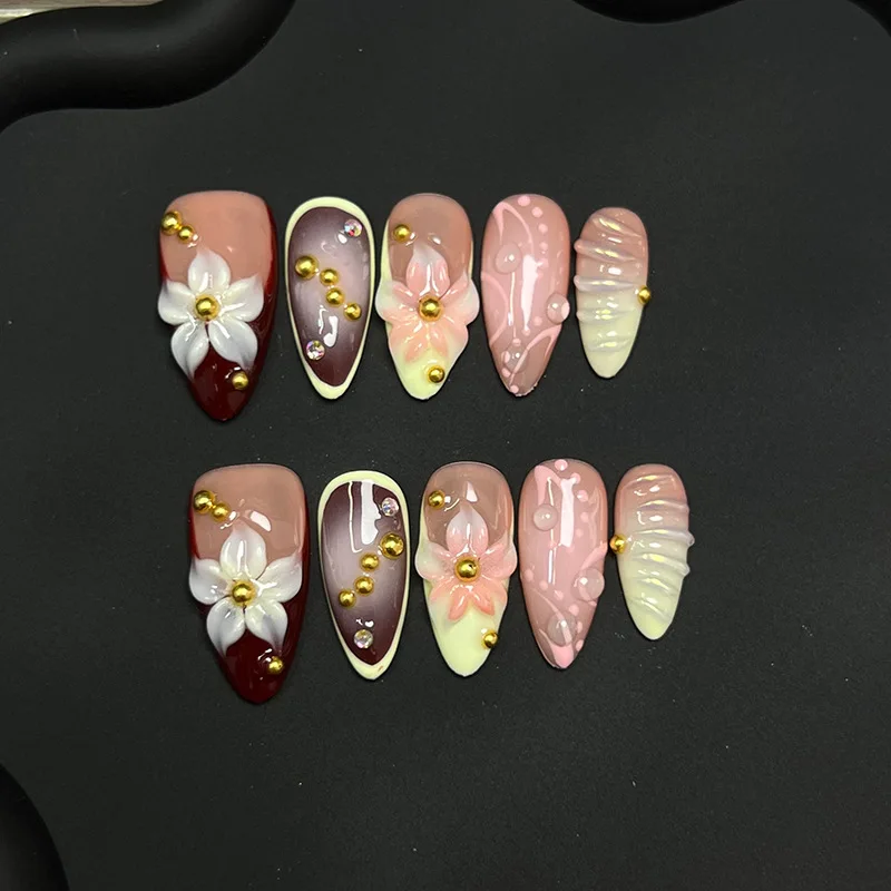 Handmade Press on Nails 3D Hand-carved Petals Decor False Nail Tips Reusable Wearable Retro European French Almond Fake Nails Handmade Press on Nails 3D Hand-carved Petals Decor False Nail Tips Reusable Wearable Retro European French Almond Fake Nails - Image 1