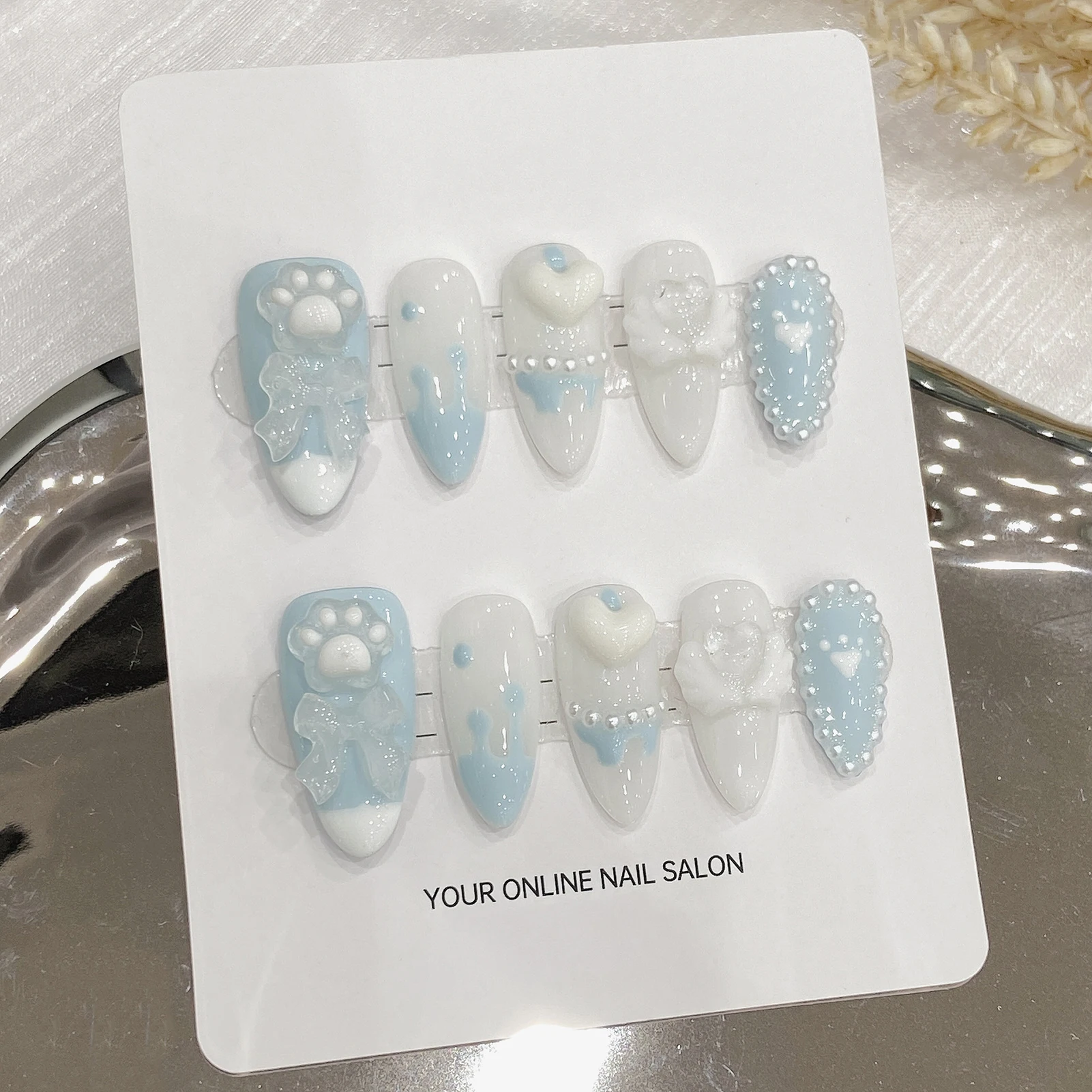 Handmade Press on Nails Light Blue Cute Bear Cat Claws Design Fake Nails French Pearls Love Decor Almond False Nail Tips Handmade Press on Nails Light Blue Cute Bear Cat Claws Design Fake Nails French Pearls Love Decor Almond False Nail Tips - Image 1