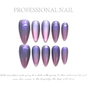 Handmade Press on Nails Purple Cat Eye Almond False Nails Fashion Cat Eye Fake Nail Tips Women Wearable Detchable Manicure Set