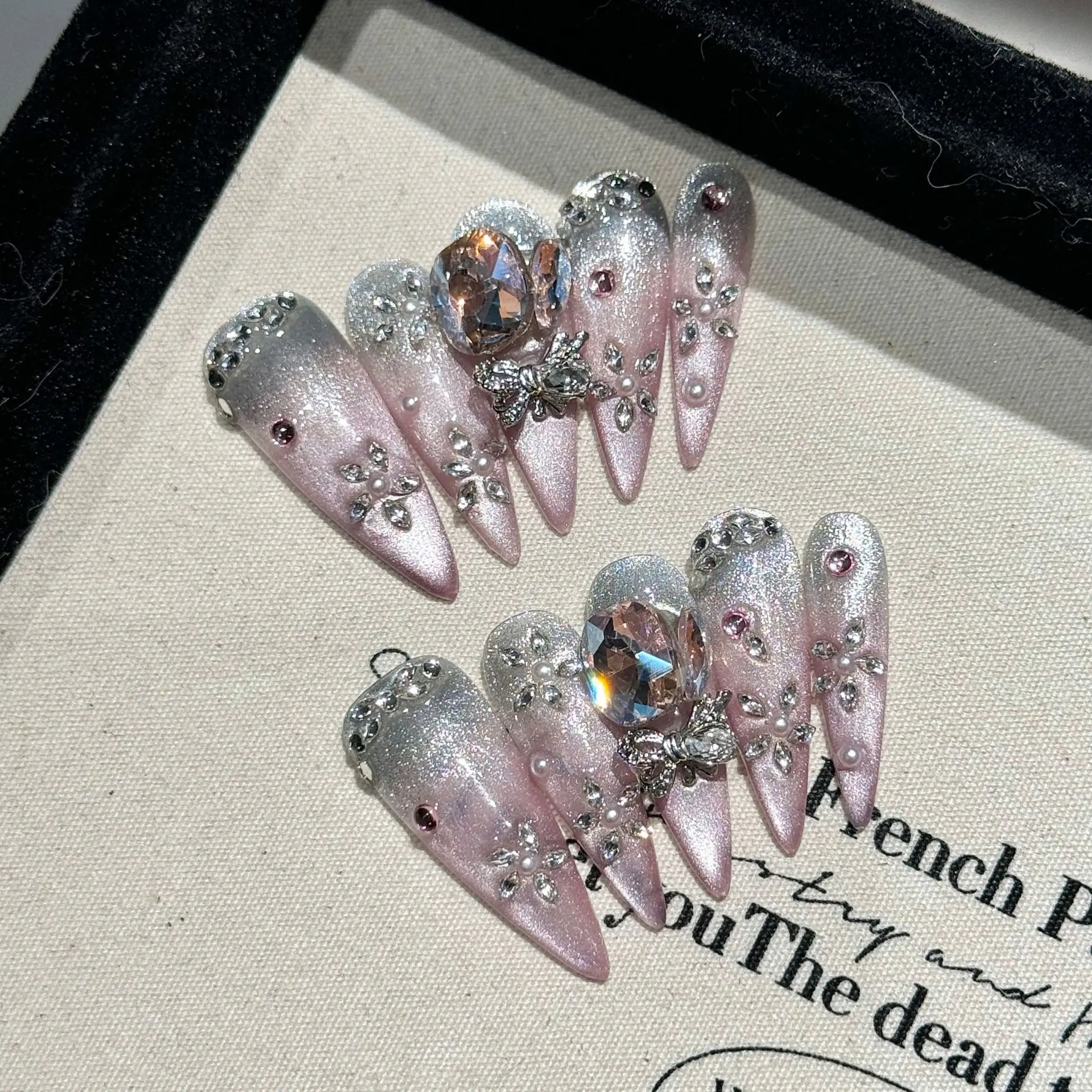 Handmade Press on Nails Shiny Pink Cat Eye Fake Nails for Women Girl Wearable Glitter Full Crystal Design False Nail Tips Handmade Press on Nails Shiny Pink Cat Eye Fake Nails for Women Girl Wearable Glitter Full Crystal Design False Nail Tips - Image 1