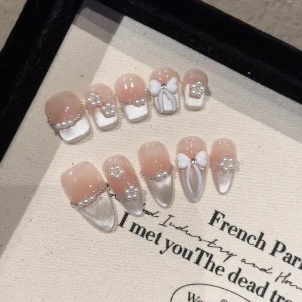 Handmade Press on Nails Sweet Bowknot Pearl Decor French Fake Nails for Women Girl Wearable Shiny Cat Eye Bride False Nail Tips - Image 1