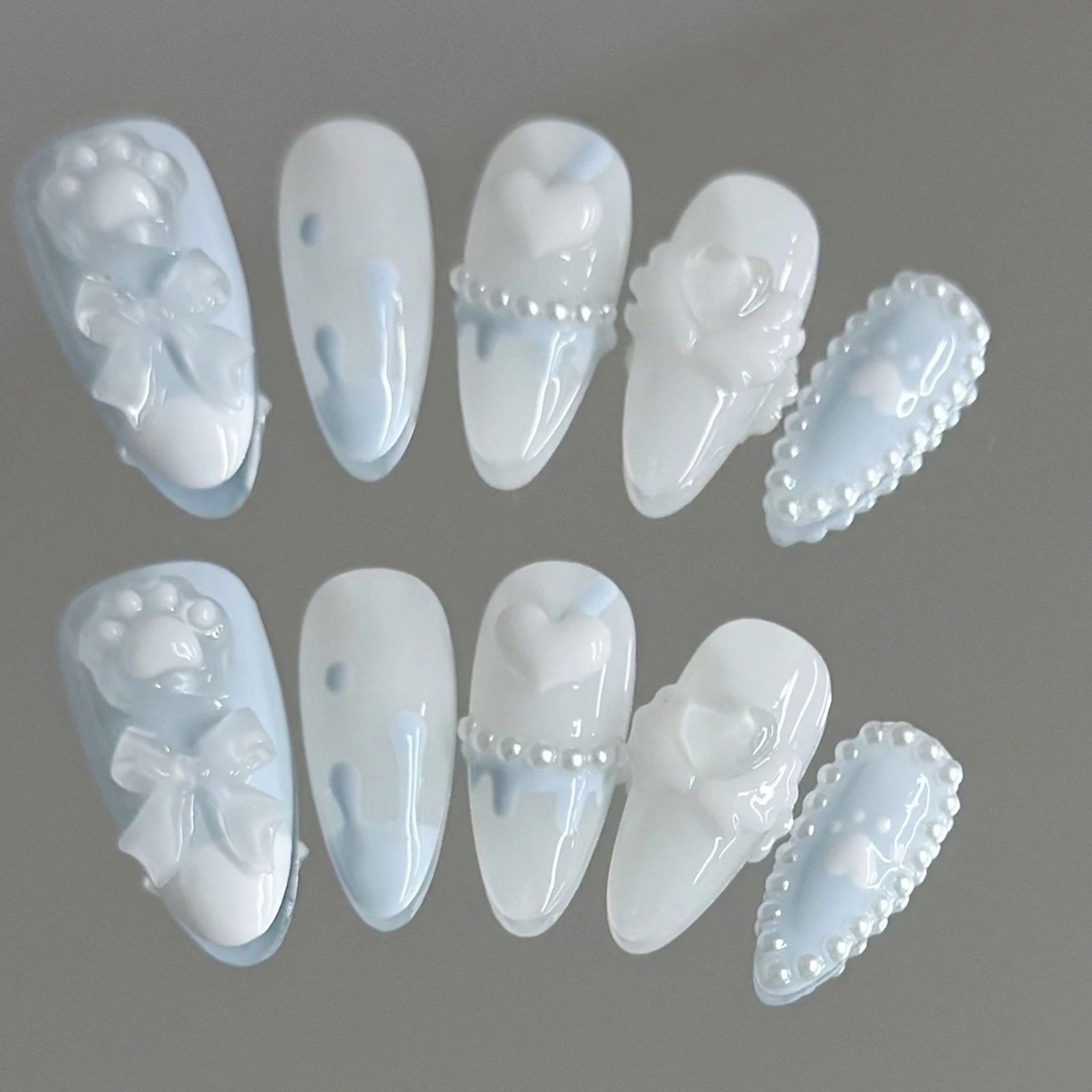 Handmade Press on Nails with Cute Bear Paw Design Light Blue Fake Nails Full Cover Wearable Sweet Korean Almond False Nail Tips Handmade Press on Nails with Cute Bear Paw Design Light Blue Fake Nails Full Cover Wearable Sweet Korean Almond False Nail Tips - Image 1
