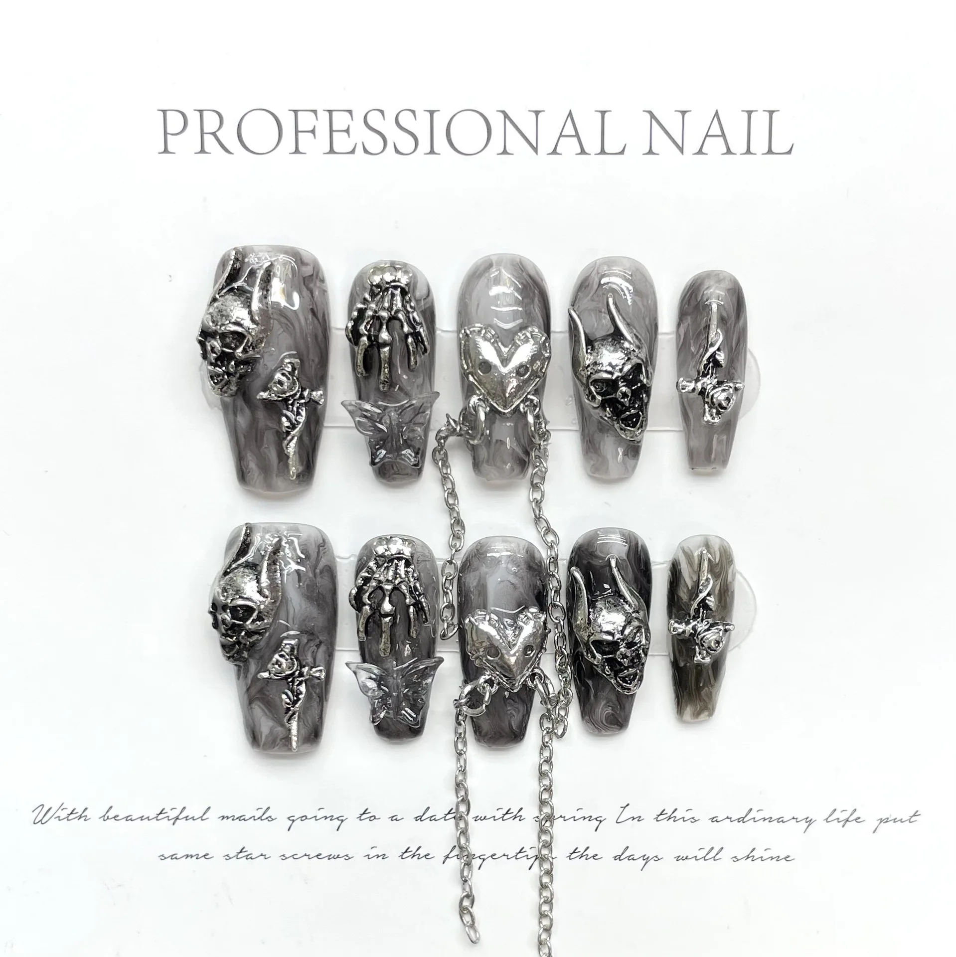 Handmade Punk Press on Nails Black Chain Tassel Fake Nails with Designs Glitter Diamond Bowknot Butterfly Girls Y2K False Nails Handmade Punk Press on Nails Black Chain Tassel Fake Nails with Designs Glitter Diamond Bowknot Butterfly Girls Y2K False Nails - Image 1