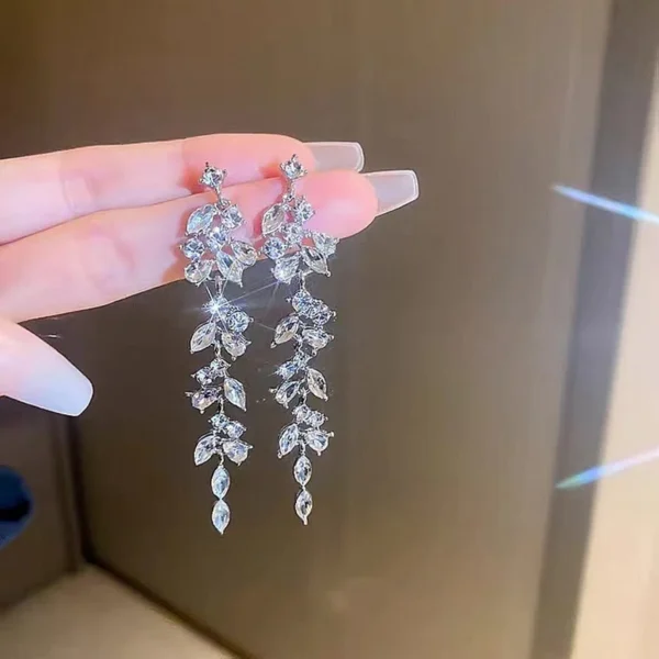 Hot Sale Exquisite Leaves Long Tassel Earrings for Women Full Rhinestone AAA Zircon Dangle Earring Party Wedding Jewelry Gifts - Image 1