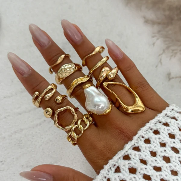 Ingemark 12Pcs/Set Vintage Imitation Pearl Water Drop Open Rings for Women Goth Irregular Geometric Ring Wedding Finger Jewelry - Image 1