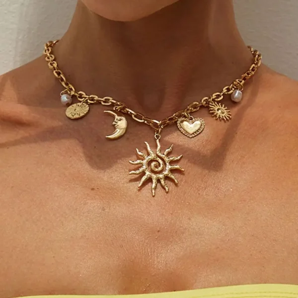 Ingemark 2025 Faddish Vintage Heart Sun Moon Pendant Necklace Trendy Creative Alloy Chains Chokers Necklace Wed Bridal Jewelry - Image 1