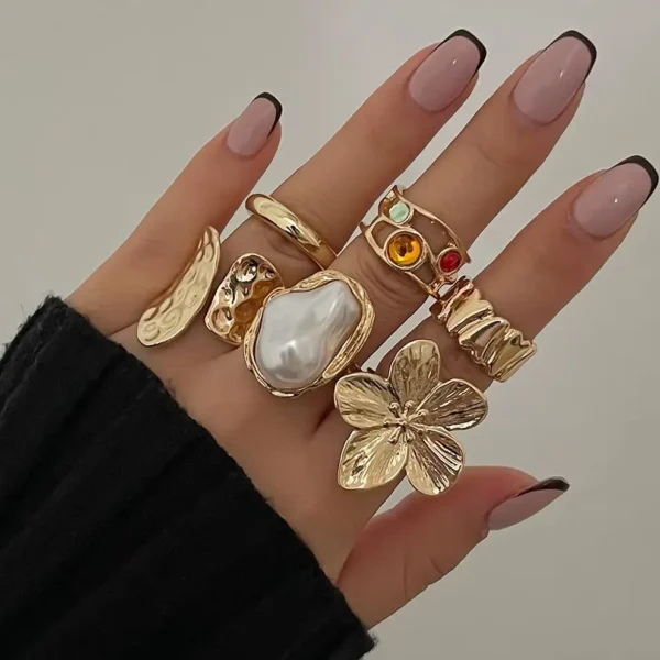 Ingemark 2025 New Irregular Exaggerated Metal Flower Open Rings Women Elegant Baroque Imitation Pearl Ring Jewelry Accessories - Image 1