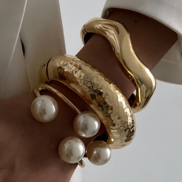 Ingemark 3 Style Creative Big Imitation Pearl Cuff Bracelet Women Trend 2025 Punk Heavy Metal Chunky Spring Bangle Steampunk Men - Image 1