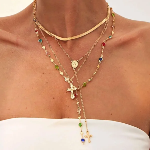 Ingemark 4Pcs/Set Simple Jesus Cross Pendant Choker Necklace for Women 2025 Trendy Colorful Crystal Chain Christian Jewelry Gift - Image 1