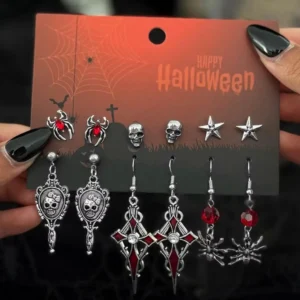 Ingemark 6Pairs/Set Halloween Red Crystal Skull Spider Metal Drop Earrings for Women Goth Cross Rose Piercing Earrings Jewelry