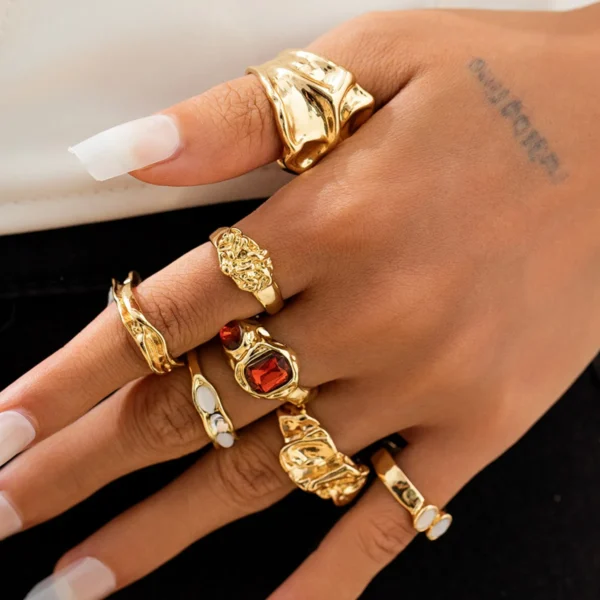 Ingemark 7Pcs/Set Vintage Irregular Folded Surface Open Rings for Women Goth Red Rhinestone Finger Rings Wed Bridal Jewelry Gift Ingemark 7Pcs/Set Vintage Irregular Folded Surface Open Rings for Women Goth Red Rhinestone Finger Rings Wed Bridal Jewelry Gift - Image 1