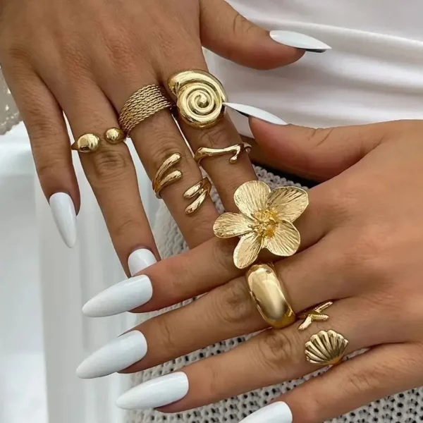 Ingemark 8Pcs/Set Vintage Metal Petal Flower Water Drop Open Rings for Women Trend 2025 Goth Geometric Ring Daily Jewelry Gift - Image 1