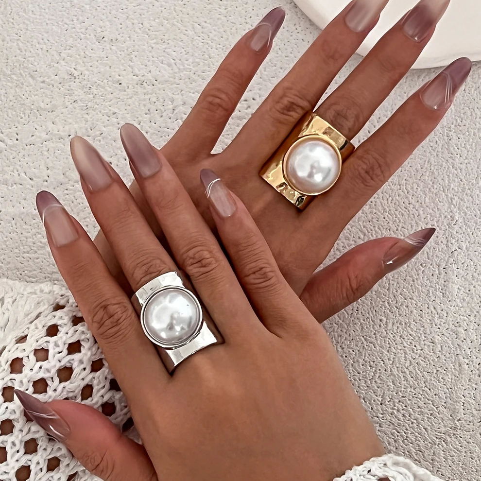 Ingemark Punk Exaggerated Irregular Metal Wide Open Adjustable Rings for Women Imitation Pearl Geometric Finger Ring Men Jewelry Ingemark Punk Exaggerated Irregular Metal Wide Open Adjustable Rings for Women Imitation Pearl Geometric Finger Ring Men Jewelry - Image 1