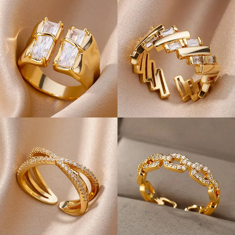 Irregular Square Zircon Ring For Women Stainless Steel Gold Plated Opening Ring Wedding Party Fashion Jewerly Gift Free Shipping Irregular Square Zircon Ring For Women Stainless Steel Gold Plated Opening Ring Wedding Party Fashion Jewerly Gift Free Shipping - Image 1