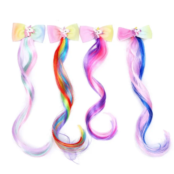 Kids Rainbow Hair Clips Unicorn Hair Extensions for Girls Children Ponytail Holder Baby Princess Barrettes Hair Bow Accessories  - Image 1