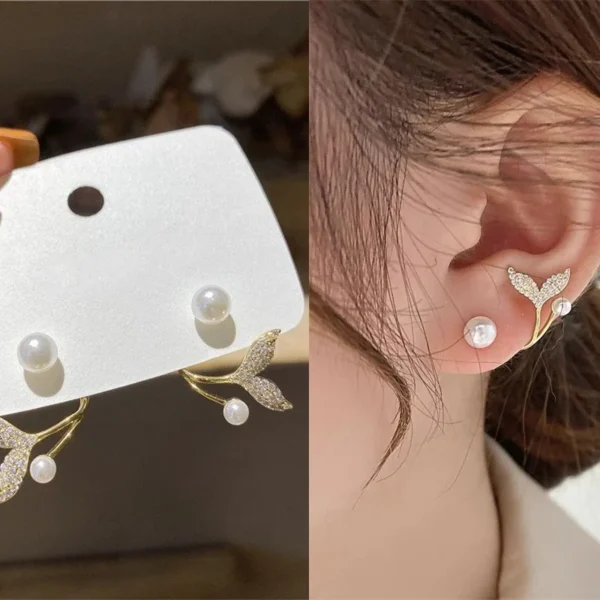 Korean New Light Luxury Zircon Fishtail Pearl Stud Earrings For Women Fashion Crystal Imitation Pearl Sweet Earring Girl Jewelry - Image 1