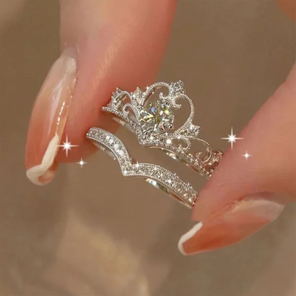LATS 2PCS Crystal Crown Adjustable Ring Irregular Geometry Vintage Rings Set for Women Girls New Fashion Jewelry - Image 1