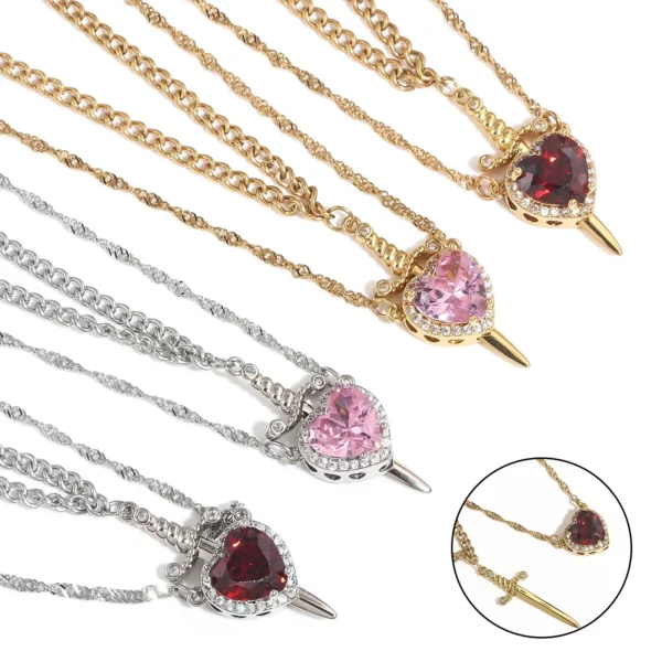 LATS 2pcs Can Be Assembled Heart and Sword Zircon Pendant Necklace for Women Men Couple Silver Gold Plated Choker Chain Jewelry - Image 1