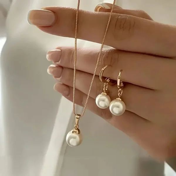 LATS 3 Pcs/Set Round Pearl Pendant Necklace For Women Exquisite Fashion Rhinestone Double Earring Wedding Jewelry Set Gift - Image 1