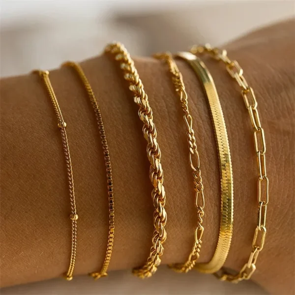 LATS 6Pcs Gold Color Bracelet Set Boho Retro Thick Twist Cuban Chain Bracelet for Women 2023 Trendy Quality Jewelry Gifts - Image 1