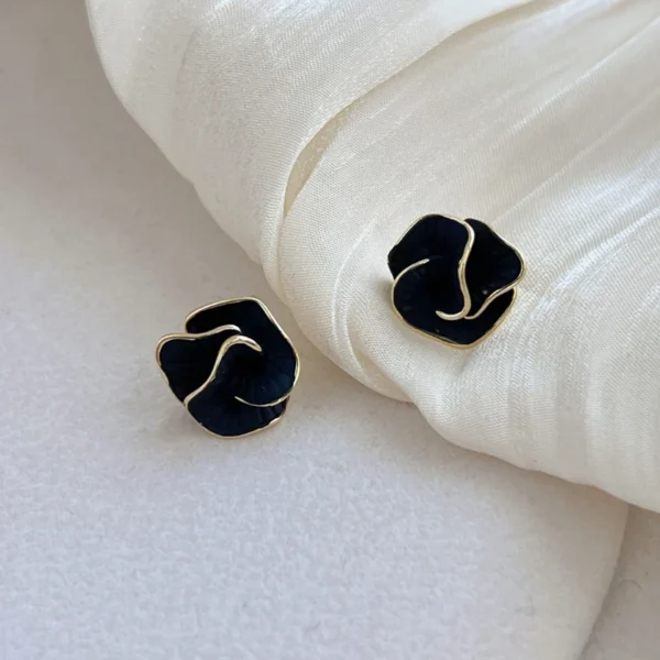 LATS Black Flower Stud Earrings for Women Folded Unique Design Enamel Multi-layers Floral Small Earrings Fashion Jewelry - Image 1