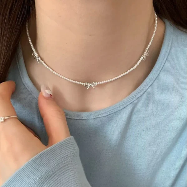 LATS Fashion Sweet Bow Pearl Necklace for Women Girls Sparkling Delicate Ribbon Bowknot Beaded Chain Chokers Party Jewelry Gift - Image 1