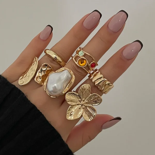 LATS Gold Color Flower Crystal Baroque Pearl Open Ring for Women Fashion Rings Set Engagement Party Gift Temperament Jewelry - Image 1