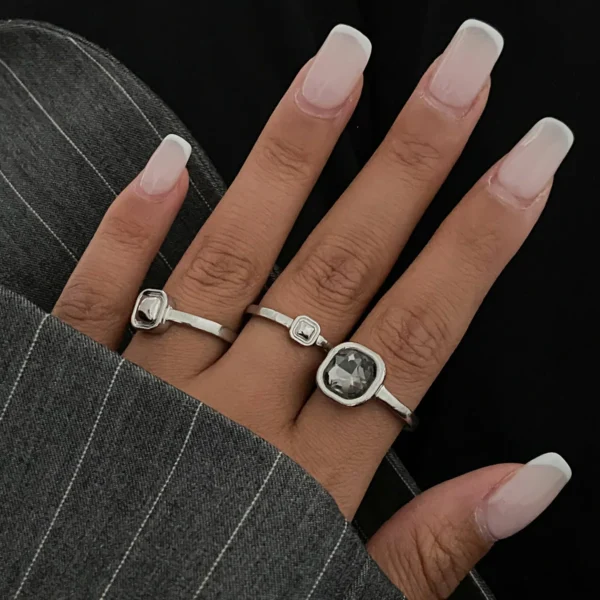LATS Grey Acrylic Crystal Geometric Ring for Women Minimalist Design Silver Color Asymmetrical Square Rings Daily Wear Jewelry - Image 1