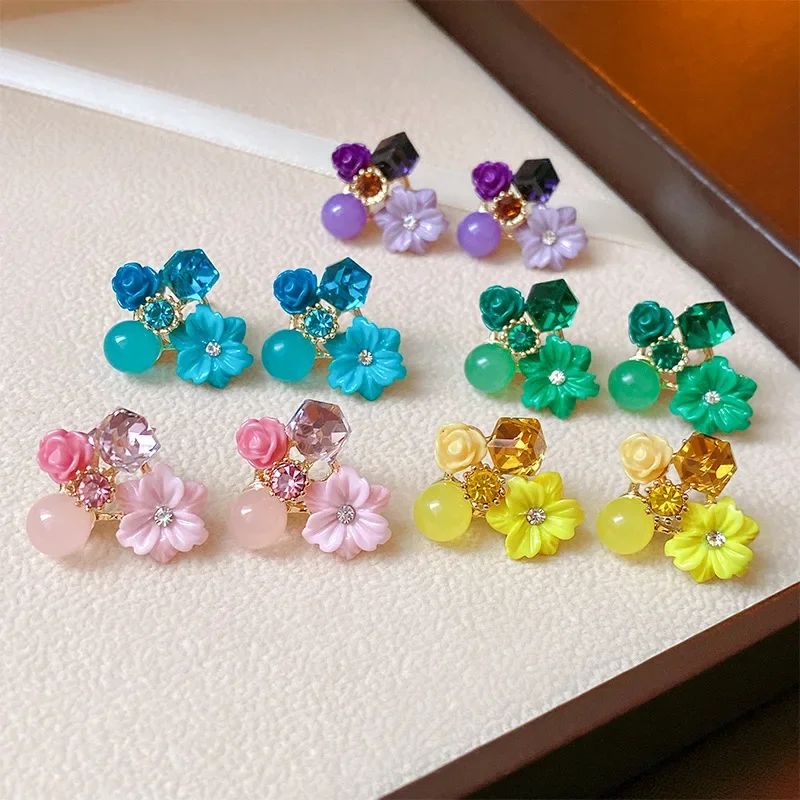 LATS Multicolored Crystal Flower Stud Earrings for Woman Korean Style Fashion Jewelry Lovely Elegance Temperament Accessories LATS Multicolored Crystal Flower Stud Earrings for Woman Korean Style Fashion Jewelry Lovely Elegance Temperament Accessories - Image 1
