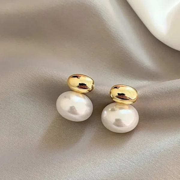 LATS New French Elegant Gold Color Bean Spliced Flat Pearl Earrings for Korean Fashion Jewelry Party Women's Sweet Accessories - Image 1