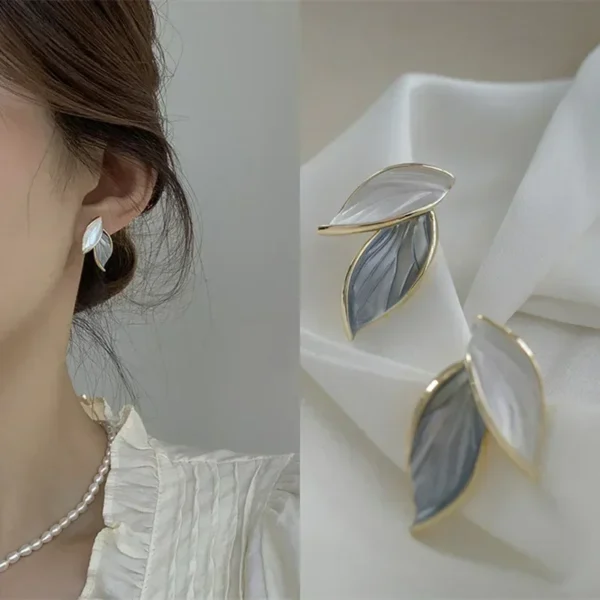 LATS New Korean Arrival Metal Trendy Fresh Lovely Sweet Grey Leaf Stud Earrings for Women 2024 Fashion Jewelry Gifts - Image 1
