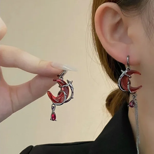 LATS Red Moon Gem Asymmetric Dangle Earrings Personality Unisex Hip-Pop Gothic Dark Style Ear Accessories Sweet and Cool Jewelry - Image 1