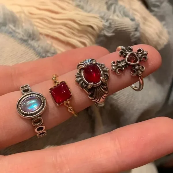 LATS Vintage Gothic Red Crystal Cross Geometry Open Rings for Women Y2k Punk Creative Grunge Jewelry Accessories Gift - Image 1