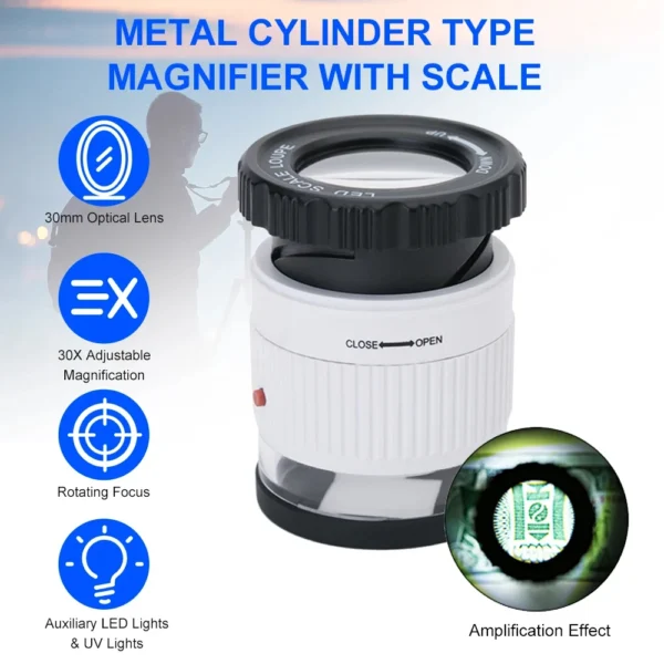 LED Scale Loupe 30X Adjustable Magnification Magnifier Metal Cylinder Mirror with Scale Small Reading Mirror Jewelry Magnifier - Image 1