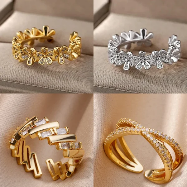 Ladies Flower Open Rings For Women Stainless Steel Cubic Zircon Flower Open Adjustable Ring Jewelry Students Girl Gift - Image 1